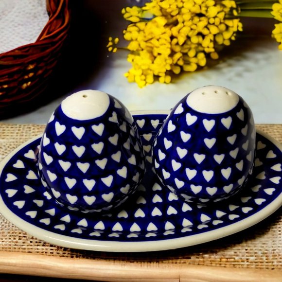 Polish Pottery Other - Cobalt Blue 3-Pcs Salt and Pepper Set Love Is All Around by Polish Pottery